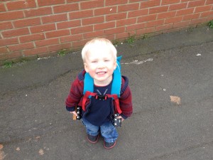 Isaac heading for train trip with daddy - April 2014