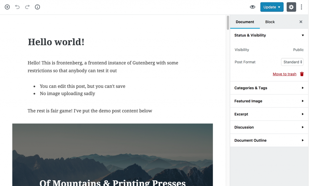Screengrab of WordPress's upcoming Gutenberg editor