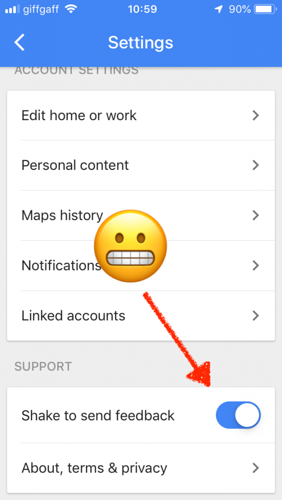 Screen shot of Google Maps options highlighting Shake to send feedback option