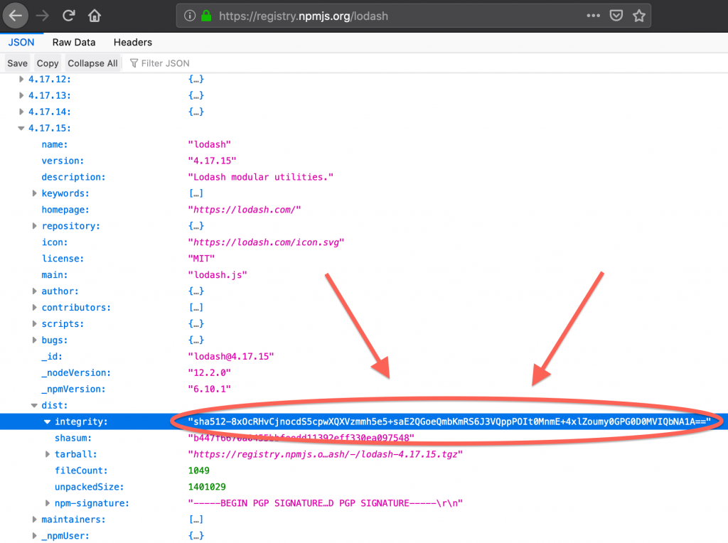 Screen grab of npm registry JSON data with the relevant hash value highlighted