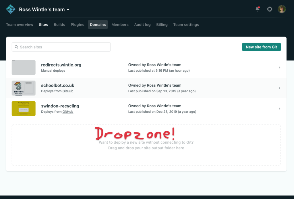 Screengrab showing Netlify's "Dropzone" for creating new sites