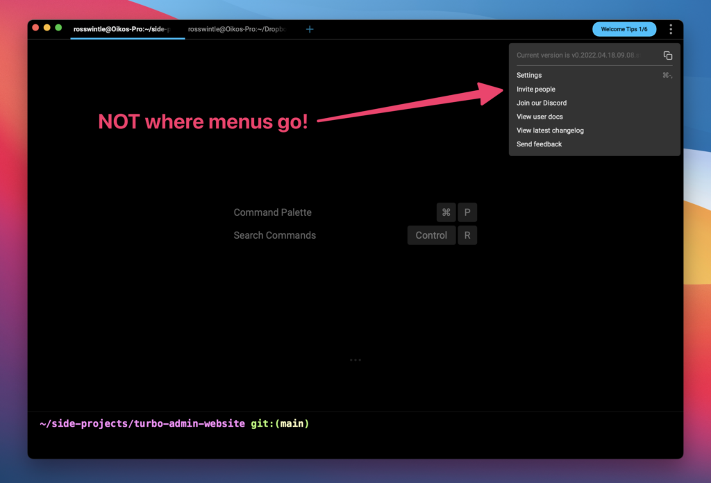 Screengrab of Warp terminal app showing their menu on the top-right-hand corner.