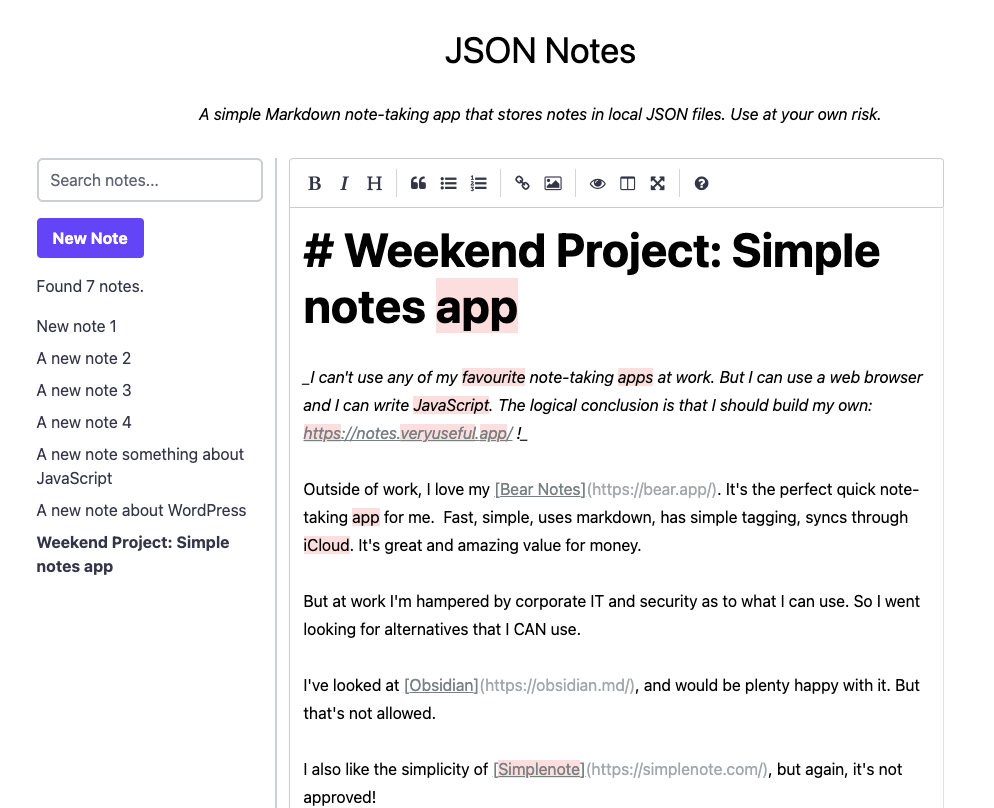 A screengrab of my new JavaScript-based notes app showing a list of notes on the left, and on the right I am editing this actual post that you are reading!